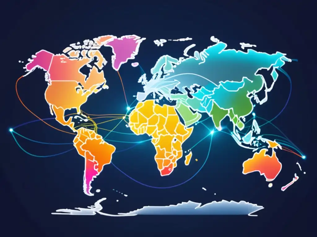 Normativas fibra óptica global: mapa moderno y minimalista de cables de fibra óptica conectados, representando la red global