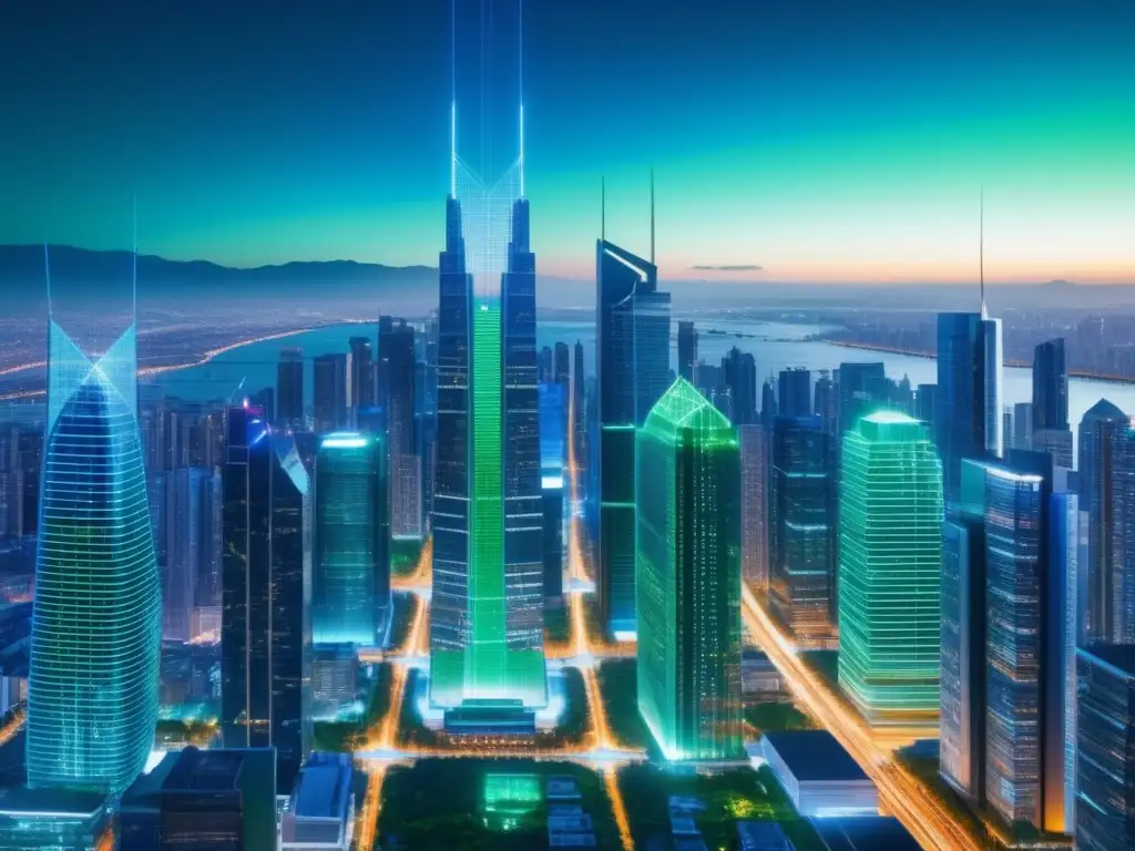 Ciudad futurista con rascacielos de vidrio y acero, iluminada por cables de fibra óptica en vibrantes tonos azules y verdes