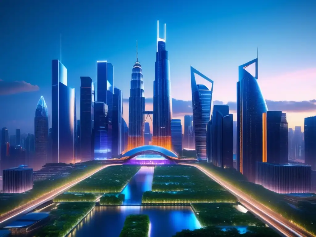 Ciudad futurista en 8k con arquitectura moderna, jardines verticales y cascadas, y cables de fibra óptica