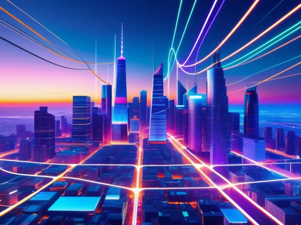 Importancia de la fibra óptica en IoT: Futurista ciudad iluminada por cables de colores vibrantes