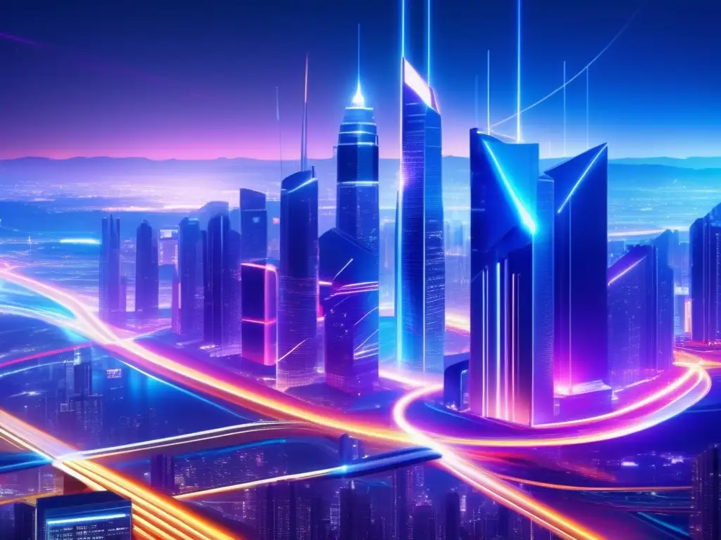 Futurista ciudad nocturna con rascacielos iluminados y cables de fibra óptica, simbolizando la importancia global de la fibra óptica