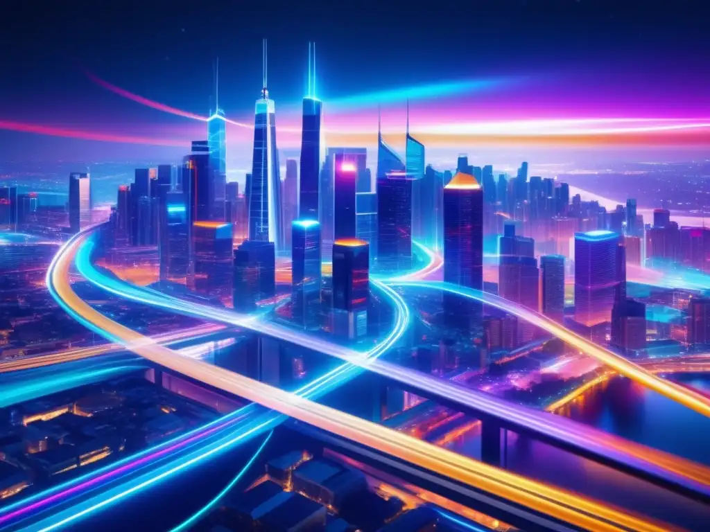 Avances en fibra óptica: impresionante imagen nocturna de ciudad futurista rodeada de cables de fibra óptica