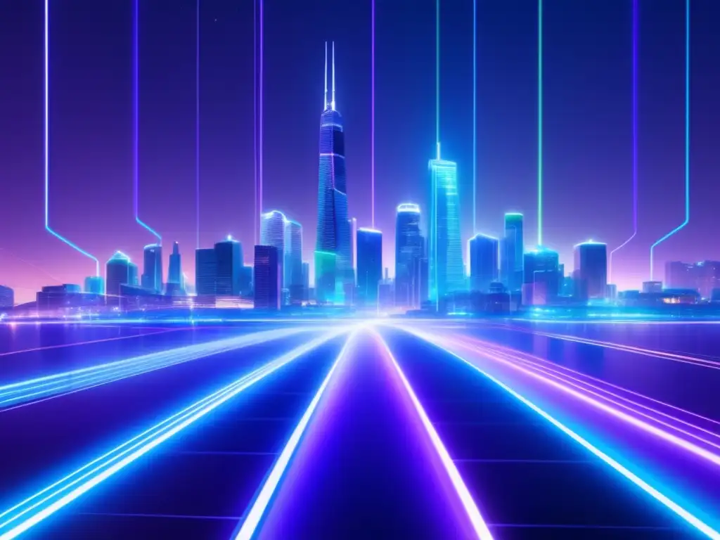 Ciudad futurista de noche con rascacielos iluminados por cables de fibra óptica en tonos azul, verde y morado