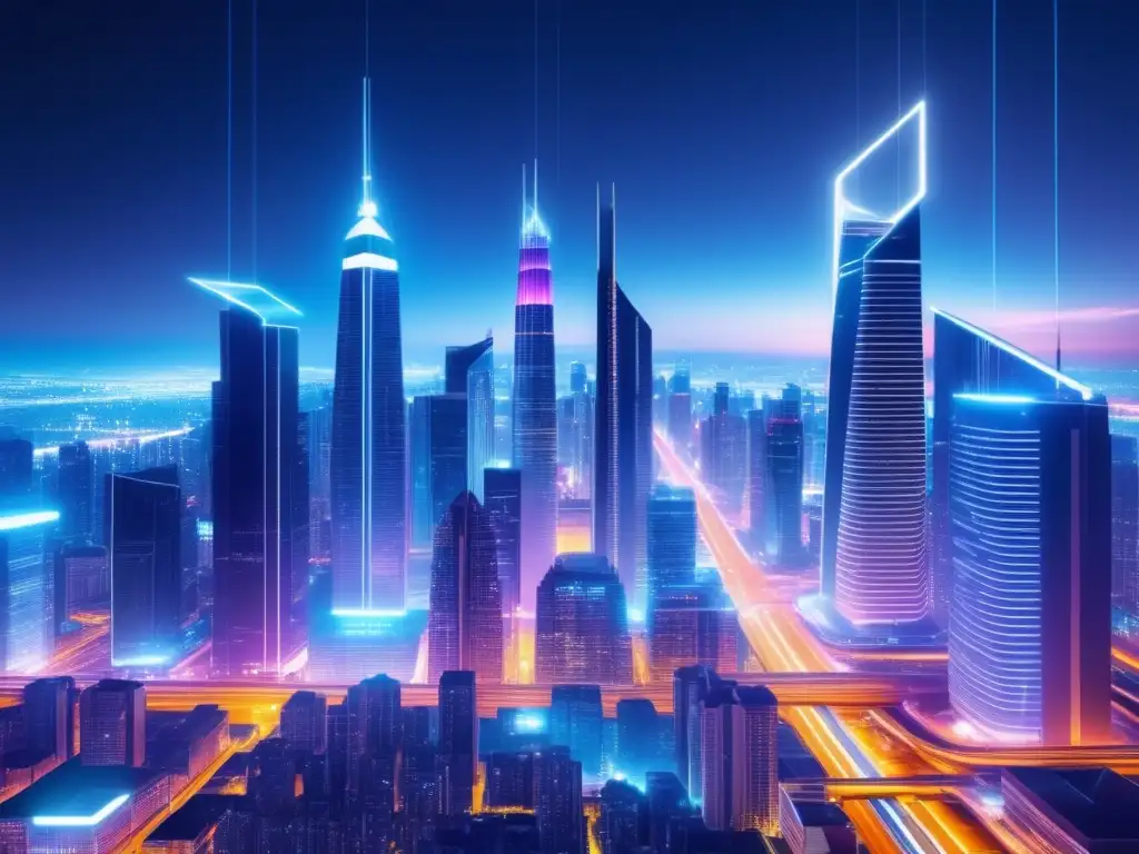 Transformación global con fibra óptica: vibrante ciudad futurista de noche, con rascacielos iluminados por luces neón