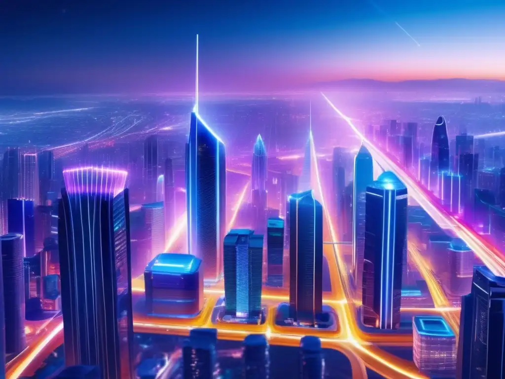Futuro ciudad nocturna, rascacielos iluminados Futuro urbano nocturno con rascacielos iluminados y cables de fibra óptica, beneficios ocultos de la tecnología