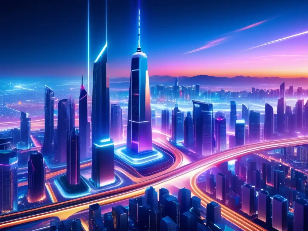 Ciudad futurista nocturna con ventajas de la fibra óptica