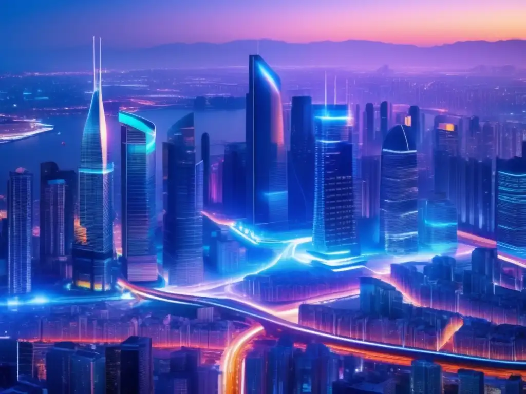 Impacto social de la fibra óptica en la ciudad futurista con rascacielos iluminados y cables de fibra óptica