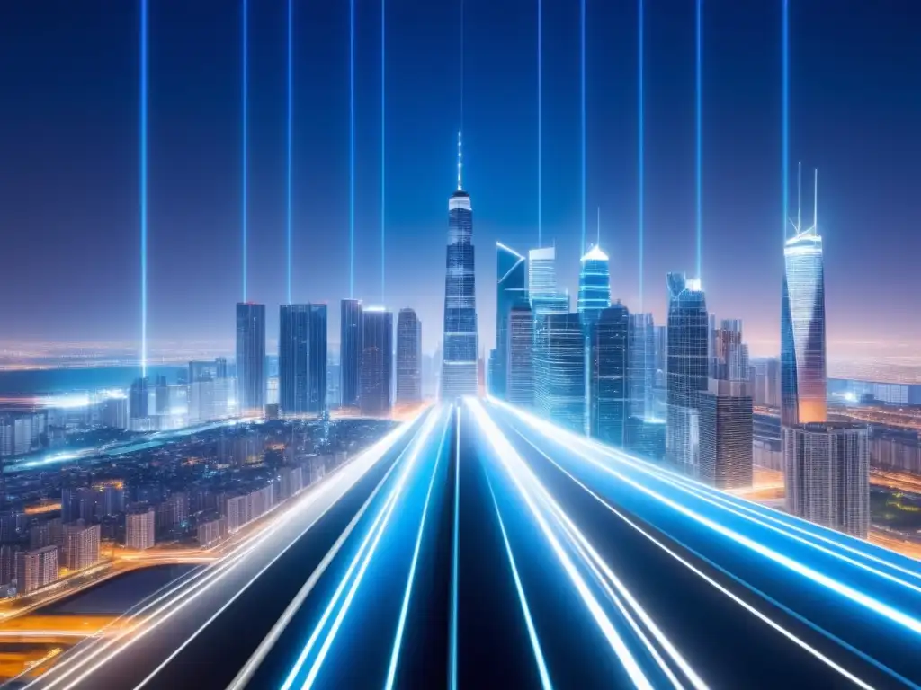 Ciudad futurista iluminada, cable de fibra óptica Control social con fibra óptica en una ciudad nocturna futurista -