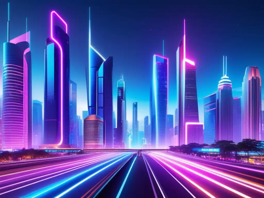 Transformación digital con fibra óptica en ciudades: una ciudad futurista y tecnológica con rascacielos iluminados y vehículos autónomos