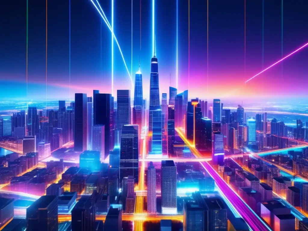 Ciudad nocturna con rascacielos y cables de fibra óptica Impacto fibra óptica: ciudad nocturna 8k con rascacielos iluminados por cables de fibra óptica coloridos, promoviendo información precisa y acceso igualitario