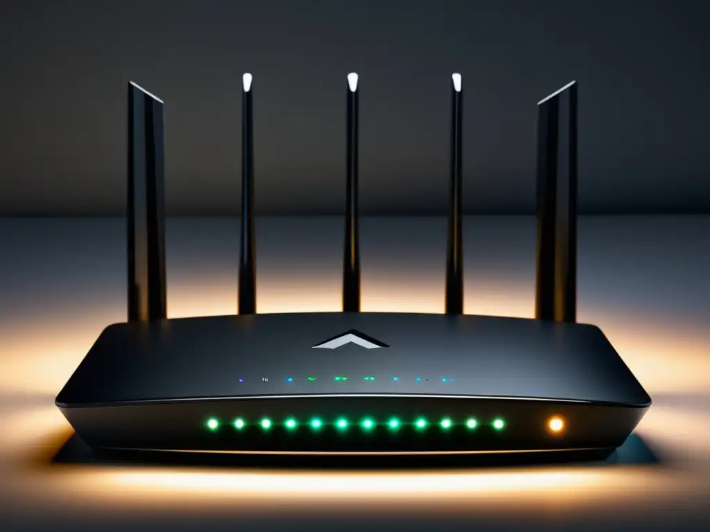 Beneficios de la fibra óptica en telecomunicaciones: Imagen de un moderno modem/router 8k con diseño minimalista, líneas limpias y acabado negro mate