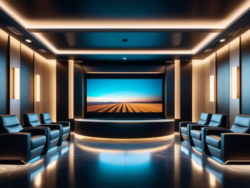 Impacto fibra óptica en cine digital: lobby moderno y elegante con pantalla gigante, diseño minimalista y iluminación cálida