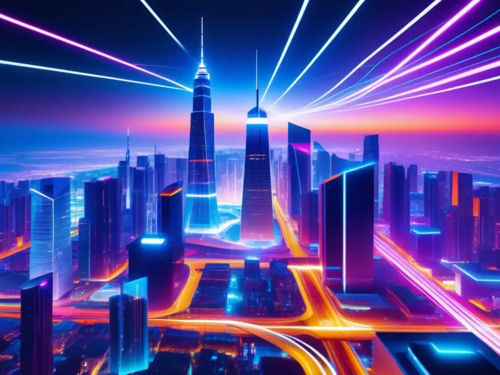 Impacto de la fibra óptica en la comunicación 5G: Futurista ciudad nocturna con edificios modernos e iluminación neon