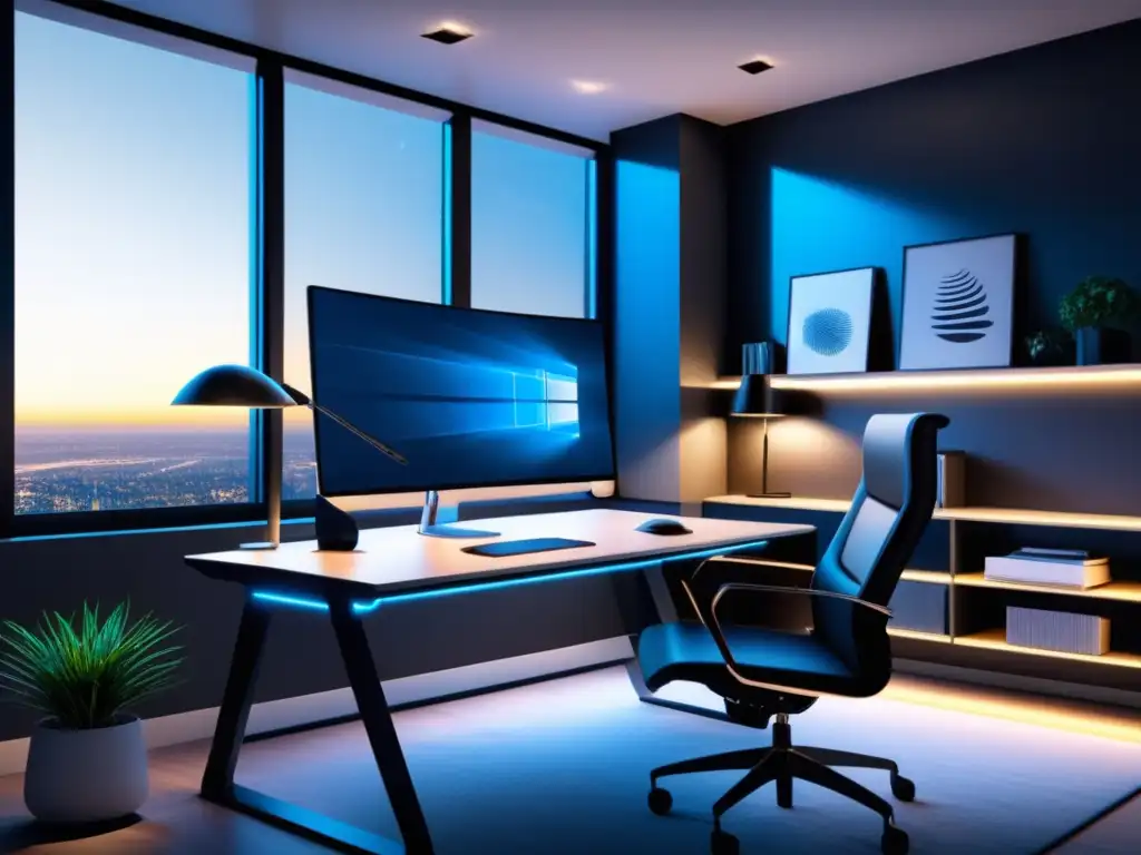 Teletrabajo eficiente con fibra óptica Beneficios del teletrabajo con fibra óptica: un espacio de trabajo moderno y elegante con iluminación natural y decoración minimalista