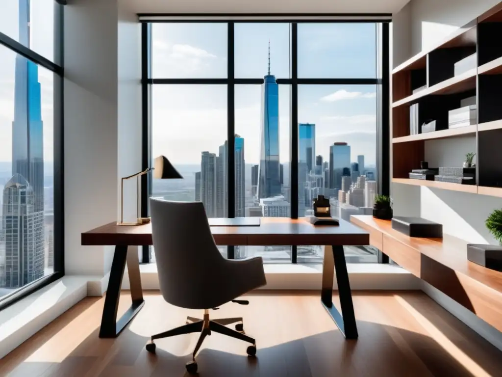 Oficina en casa moderna y espaciosa Oficina moderna con vista a la ciudad y beneficios del teletrabajo con fibra óptica