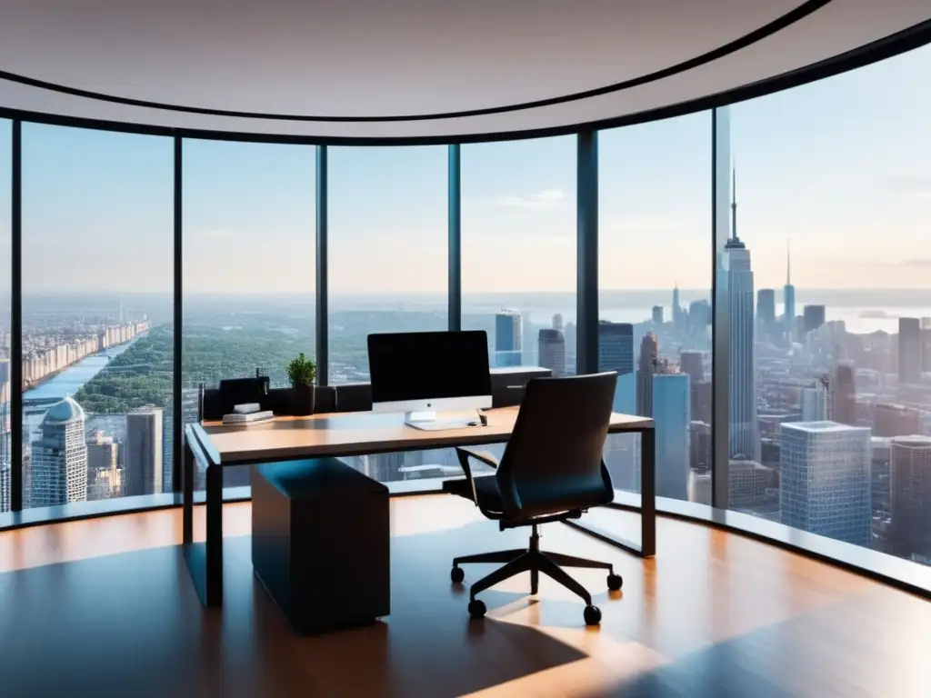 Oficina minimalista con vista panorámica de la ciudad Oficina minimalista con vista panorámica de ciudad - Beneficios del teletrabajo con fibra óptica