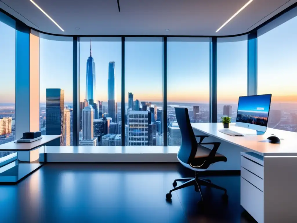 Oficina moderna con vista a la ciudad y tecnología de fibra óptica Oficina moderna con vista a la ciudad y beneficios del teletrabajo con fibra óptica