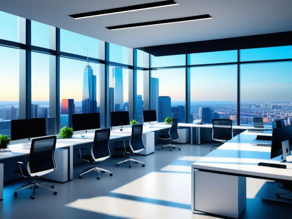 Oficina moderna con vista a la ciudad Oficina moderna con ventanas de piso a techo, ciudad vibrante y tecnología de fibra óptica