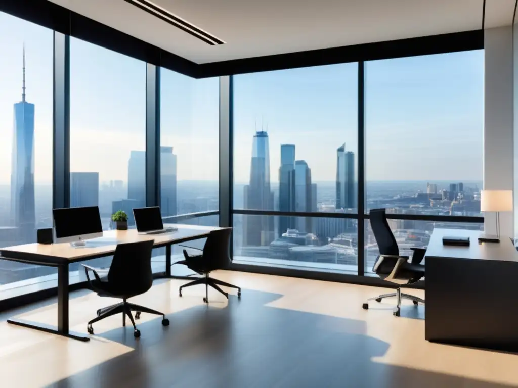 Oficina moderna con vista a la ciudad Beneficios teletrabajo con fibraóptica: oficina moderna, vista ciudad, luz natural, muebles minimalistas, tecnología avanzada, ambiente productivo