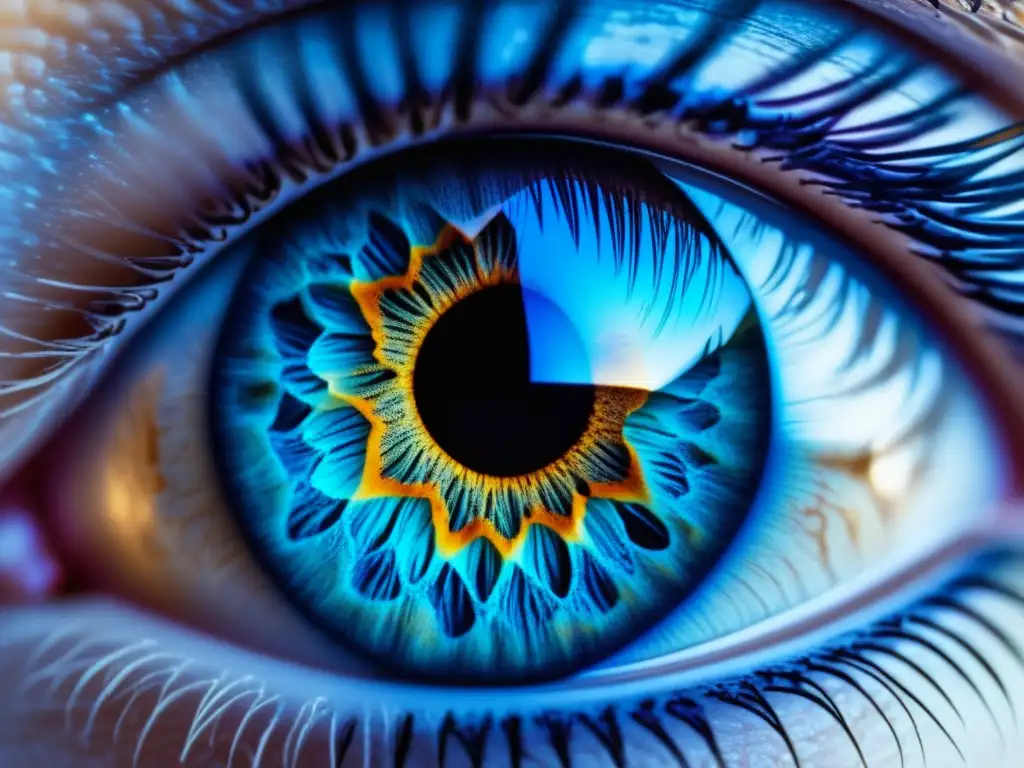 Ojo humano con iris azul y detalles de fibras irisales