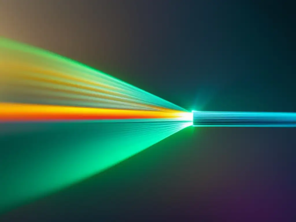 Ventajas de la fibra óptica: Imagen detallada de una fibra óptica con núcleo de vidrio y capa de revestimiento, transmitiendo luz multicolor