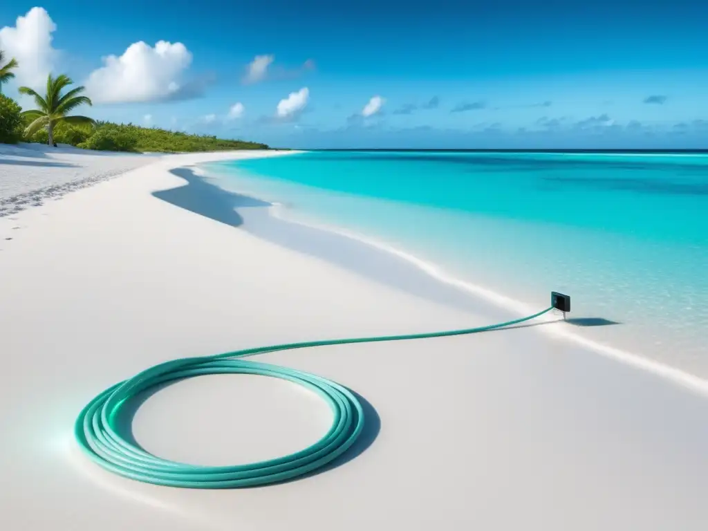 Impacto de la Fibra Óptica en el Caribe: Playa caribeña con cable de fibra óptica y belleza natural