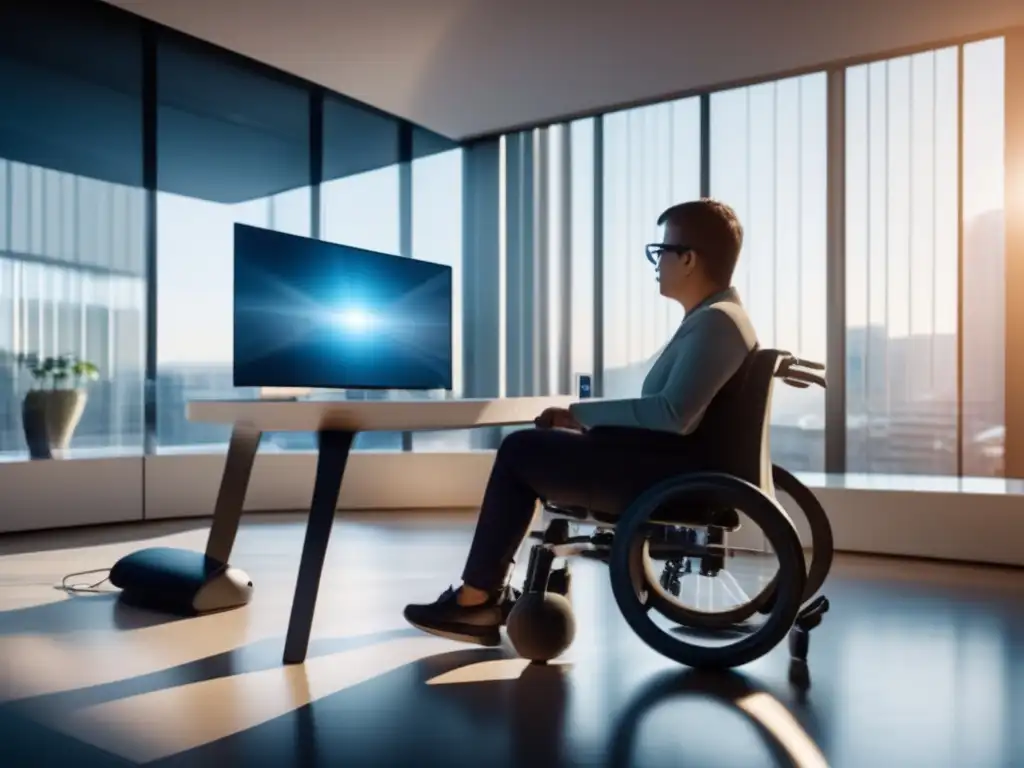 Persona con discapacidad cognitiva usando tecnología asistencial avanzada en entorno accesible