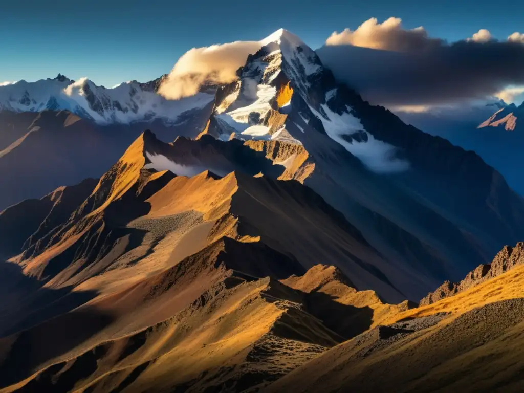 Montaña andina majestuosa y árida Fibra óptica en altitudes extremas: montaña andina bañada por la luz dorada del atardecer, reflejando la grandiosidad y dureza de los Andes
