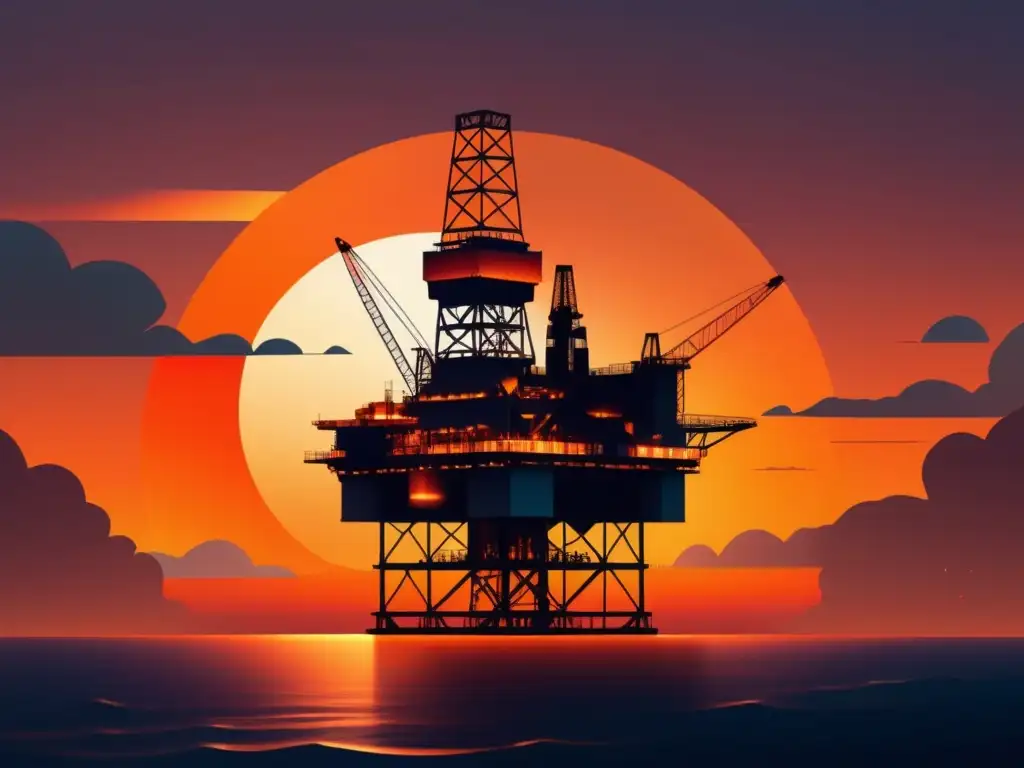 Funcionamiento fibra óptica en industria petrolera: Moderna plataforma petrolera en un vibrante atardecer, reflejando innovación y tecnología avanzada