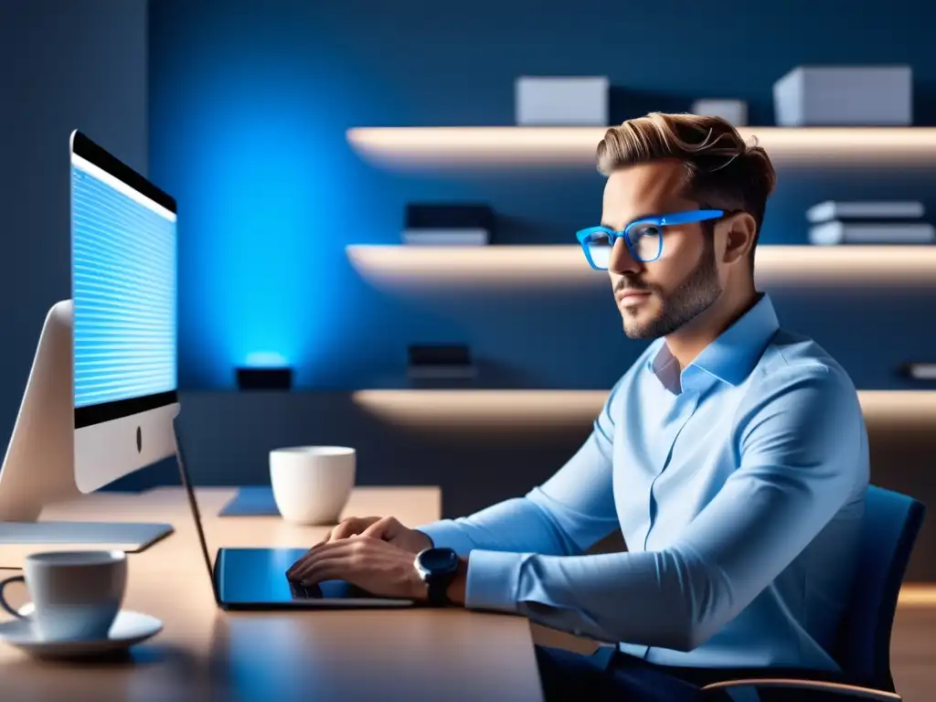 Beneficios de la luz azul en la salud ocular: persona con gafas azules, dispositivos electrónicos y ambiente minimalista