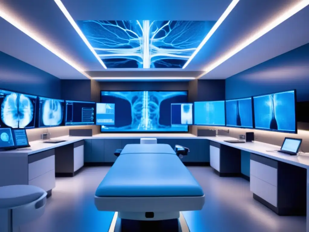 Beneficios de la fibra óptica en radiología: sala radiológica moderna con equipamiento avanzado y monitores