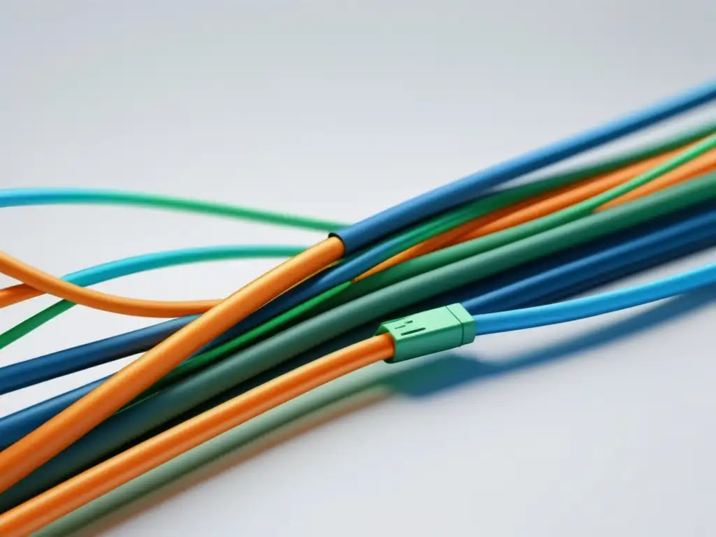 Estándares de seguridad en fibra óptica: diseño moderno y detallado de cables de colores, simbolizando eficiencia y complejidad