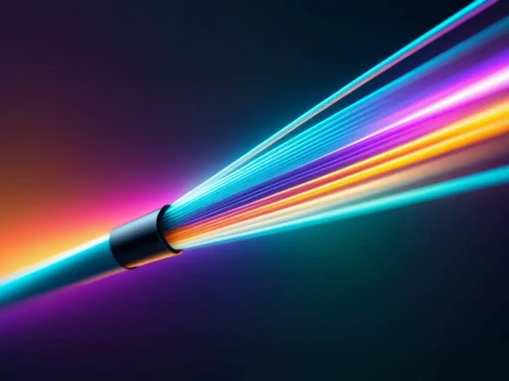 Beneficios ambientales de la fibra óptica: Cable futurista con brillo en varios colores, simbolizando flujo de información global