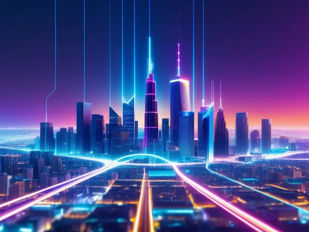 Importancia de la fibra óptica en redes 5G: ciudad futurista con cables luminosos y edificios vanguardistas