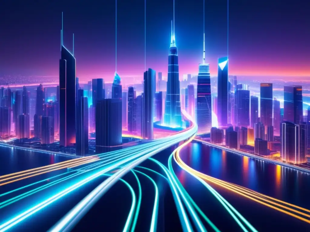 Red de fibra óptica futurista y segura en una ciudad iluminada con tonos azules y morados