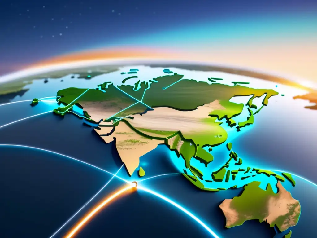 Diferencias regionales adopción fibra óptica: red de cable de fibra óptica interconectando continentes en paisaje vibrante y moderno