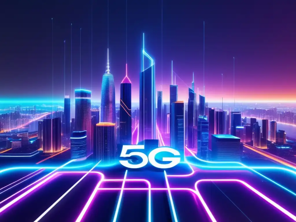 Ilustración 8k detallada: red 5G, ciudad futurista, ventajas fibra óptica, comunicación instantánea