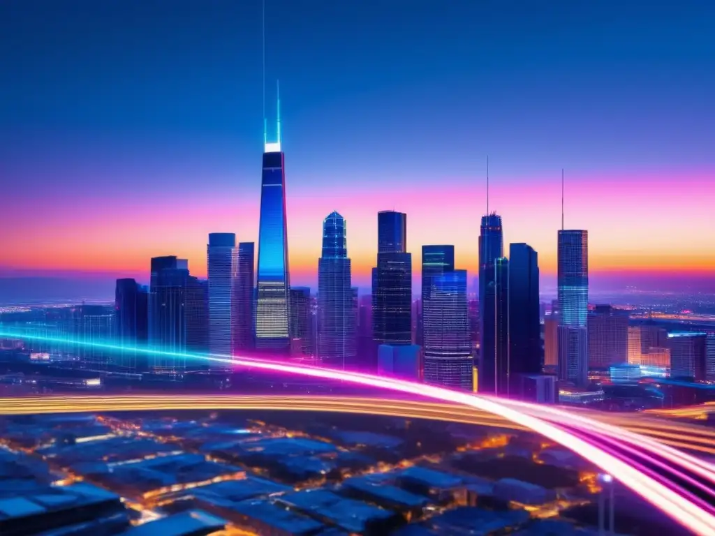 Impacto de la fibra óptica en la tecnología global: ciudad futurista con cables de colores