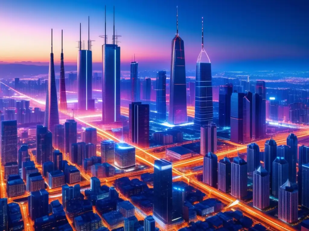 Desafío expansión fibra óptica remotos: moderna ciudad al anochecer, torres de comunicación futuristas, red de cables luminosos conectando edificios