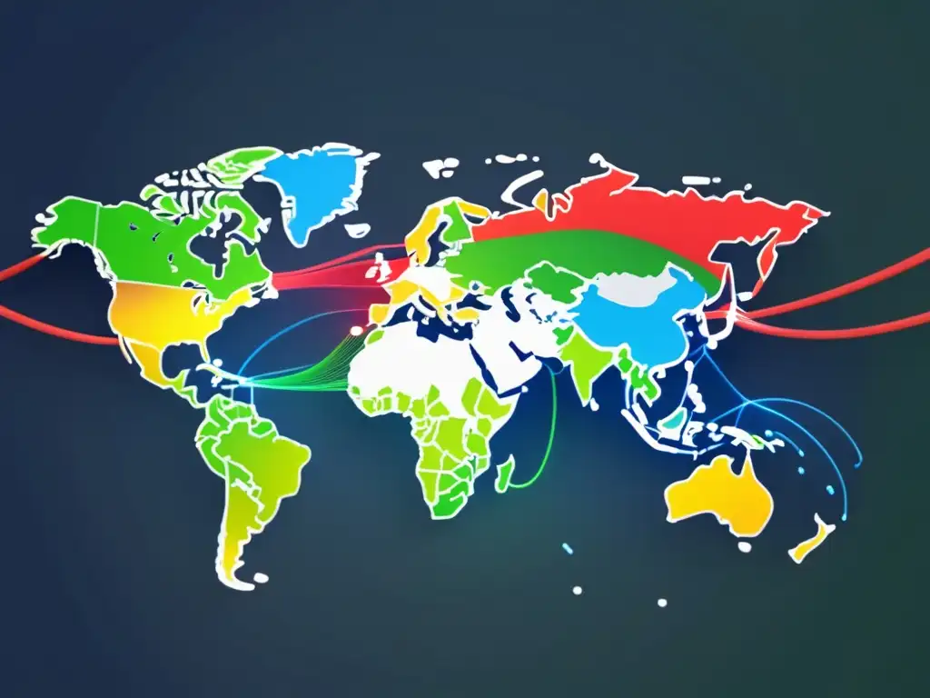 Normativas fibra óptica global: Red de cables de fibra óptica interconectados, representando regiones en colores vibrantes