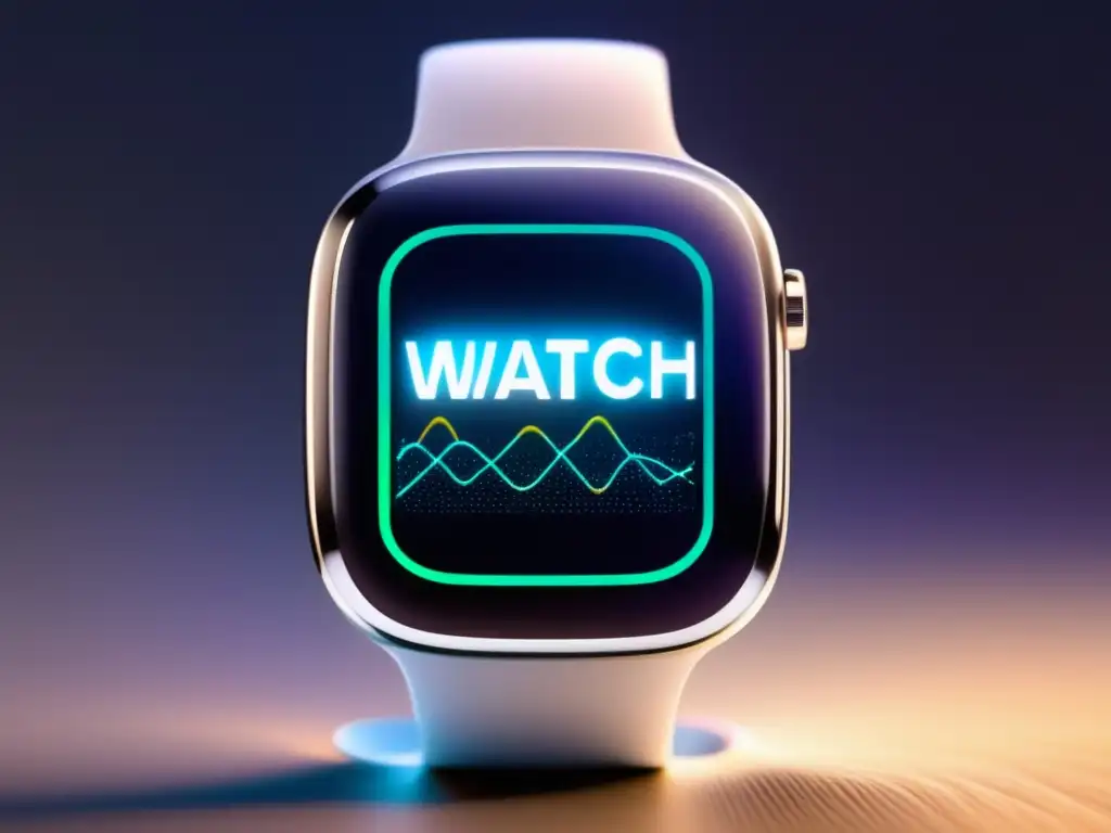 Impacto de la fibra óptica en wearables: smartwatch moderno con pantalla transparente y correa de material translúcido con fibras ópticas brillantes