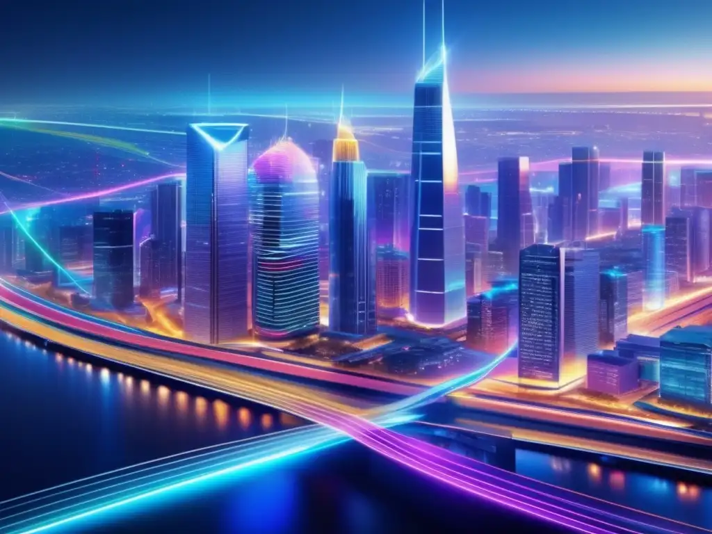 Ciudad nocturna con edificios modernos y cables de fibra óptica Innovaciones en fibra óptica: tecnología revolucionaria para comunicación global