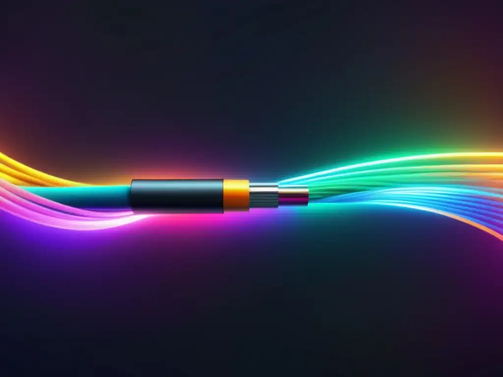 Ventajas fibra óptica: Diseño moderno, cables brillantes y vibrantes en un fondo oscuro transmiten innovación, eficiencia y sofisticación