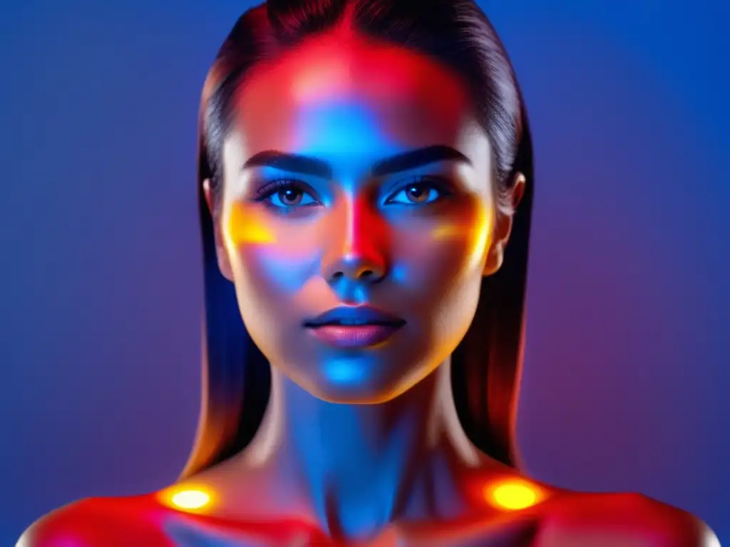 Beneficios de la terapia LED para la piel: mujer con piel rejuvenecida, suave y radiante, iluminada por luces LED rojas, azules y amarillas