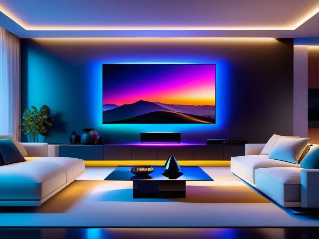 Tecnología fibra óptica: sala de estar moderna con sistema de sonido envolvente y TV 8K OLED