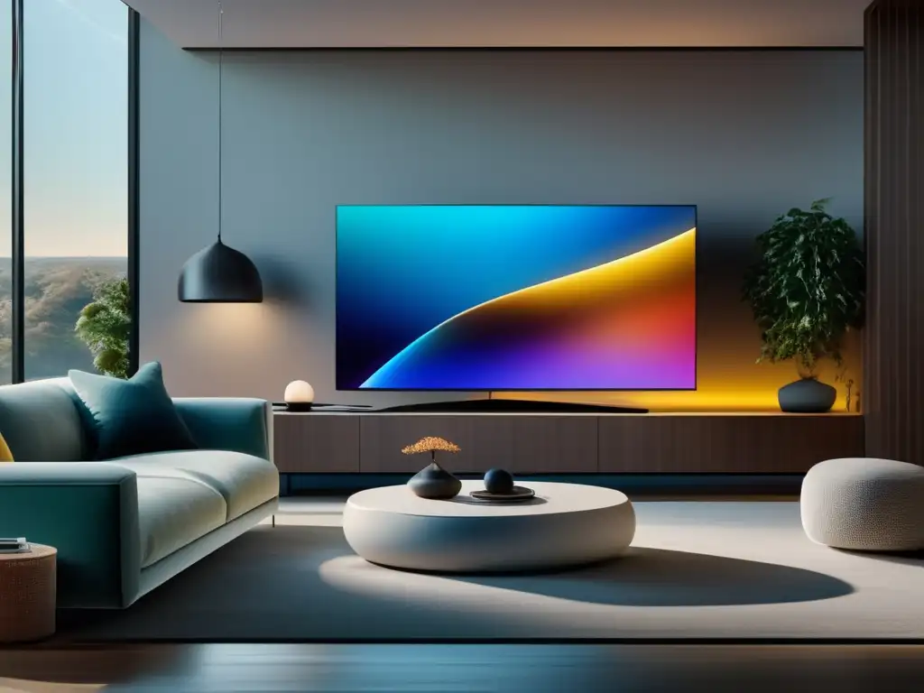 Mejoras en entretenimiento digital con fibra óptica: sala moderna, luz natural, TV 8k, colores vivos