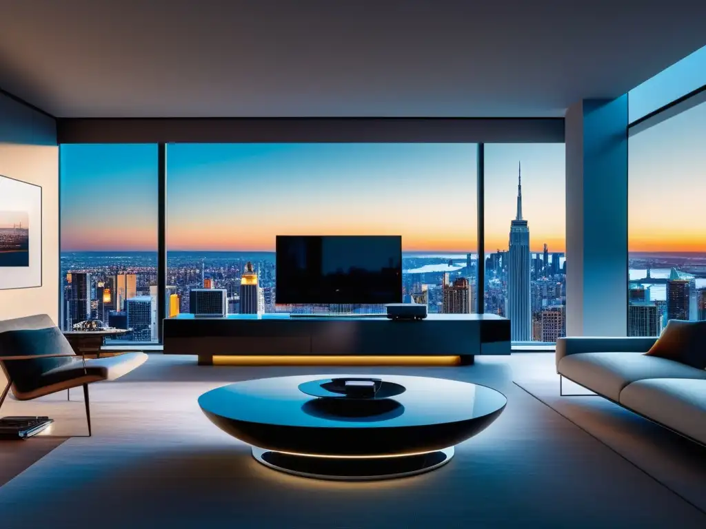 Beneficios de la fibra óptica en la comunicación global: sala de estar moderna con vista panorámica a la ciudad, tecnología avanzada