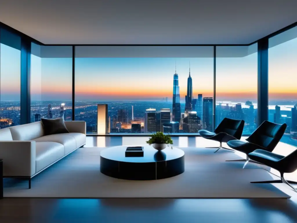 Sala de estar moderna con vista a la ciudad Sala de estar moderna con decoración minimalista, vista panorámica de la ciudad y ventajas de la fibra óptica en el entretenimiento doméstico