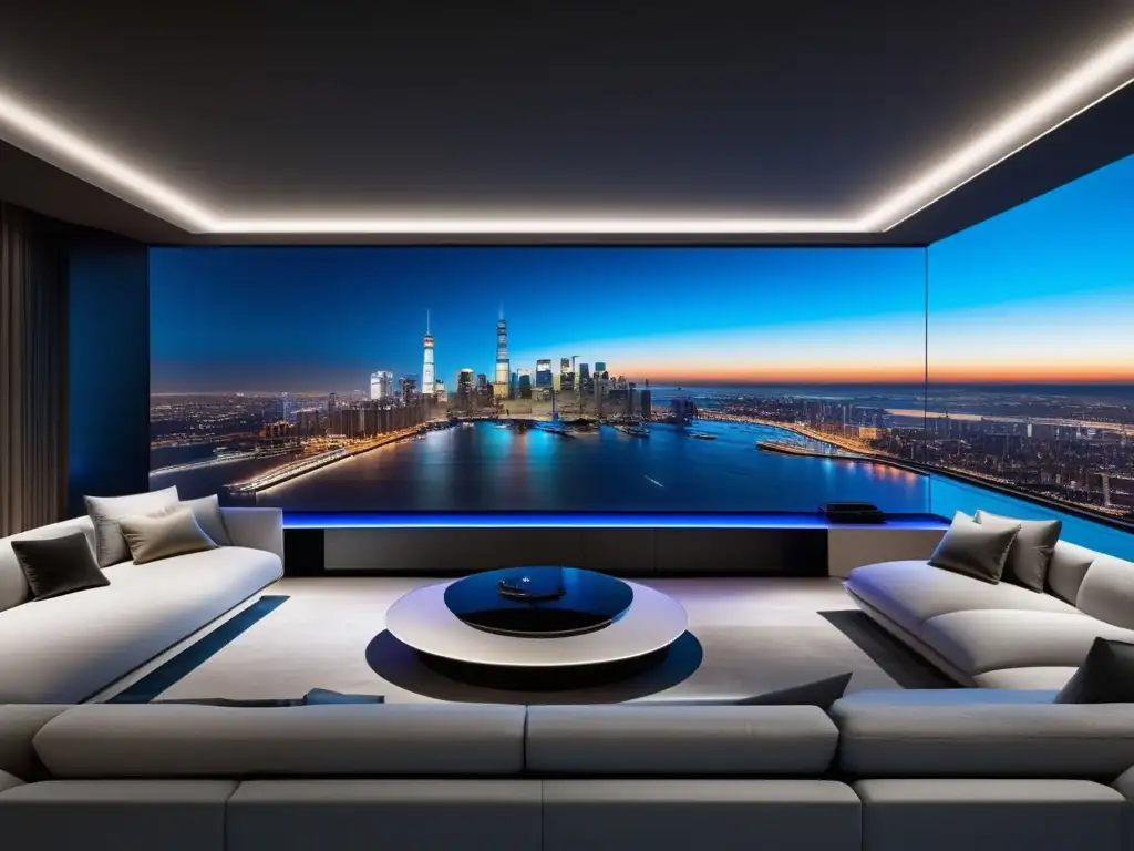 Beneficios de la fibra óptica para el entretenimiento: sala minimalista con TV OLED montada en mueble flotante, vista panorámica de la ciudad de noche