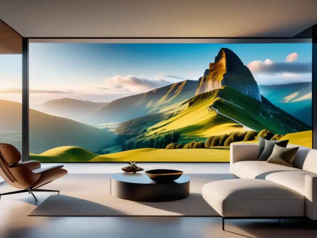 Un salón moderno con una TV 8K montada en la pared, mostrando una imagen nítida de un paisaje impresionante